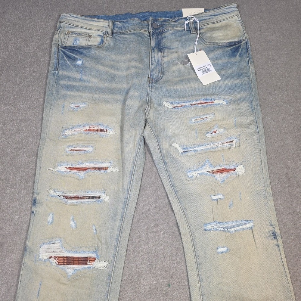 MNML X459 Skinny Denim‎ Jeans Mens Light Blue Distressed Flannel Repair 40 X 33